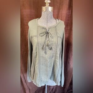 LUCKY BRAND Green Linen  Peasant Top Long Sleeve Blouse Women’s Large